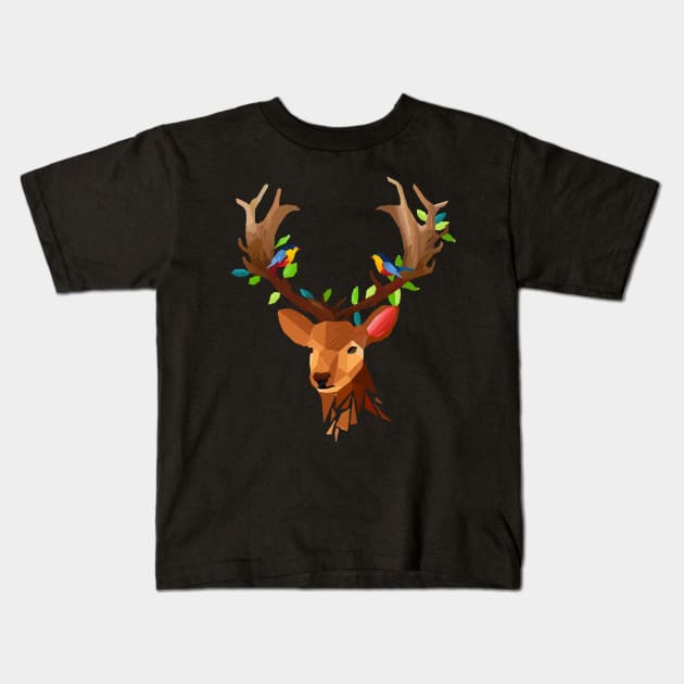 Deer T-Shirt - Deer Face Polygon With Birds Design Kids T-Shirt by TeesHood